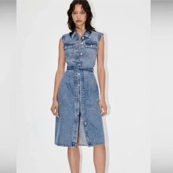 ZARA NEW WOMAN SS23 MID-BLUE DENIM MIDI DRESS - Picture 2 of 6